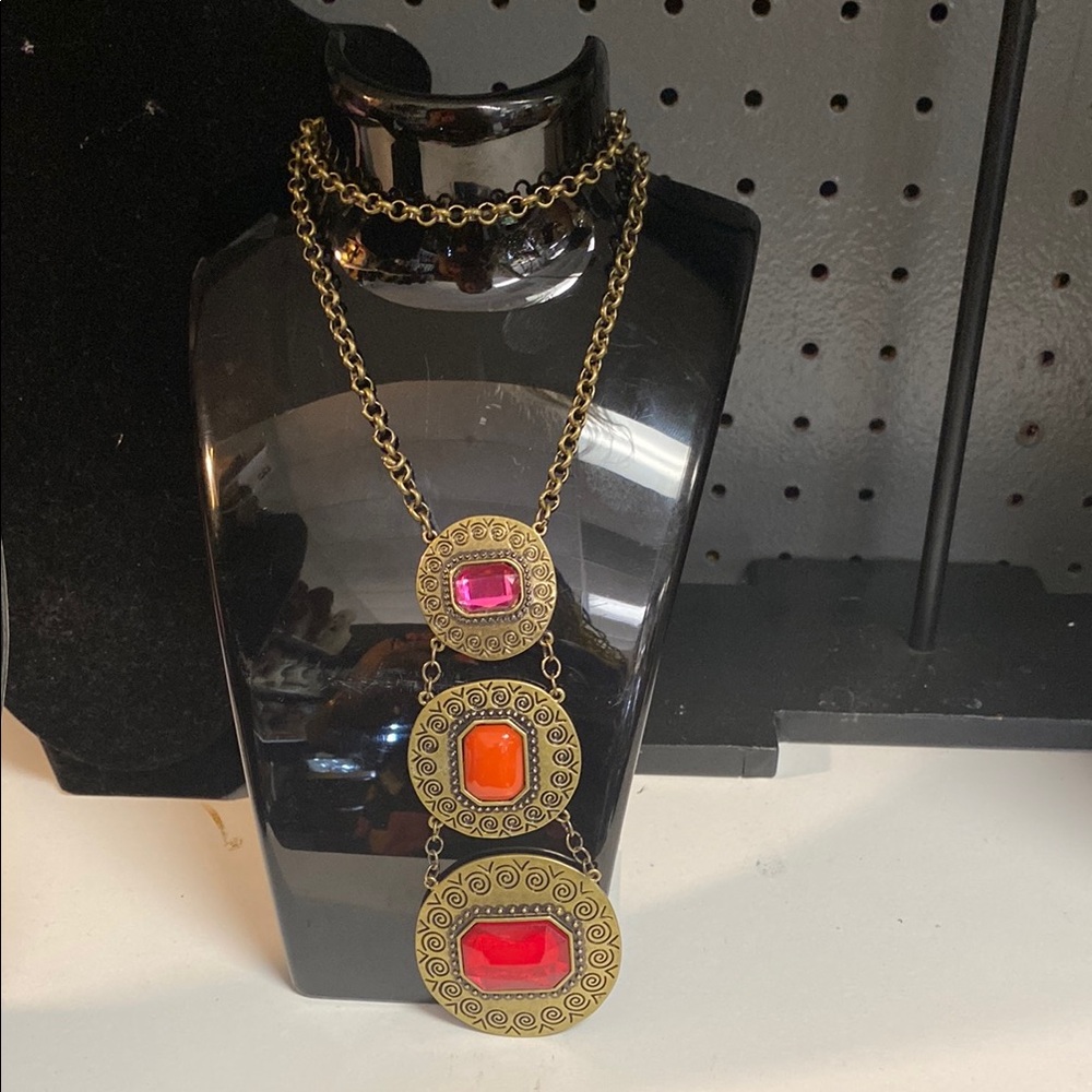 Vintage-Inspired Gold Necklace with Pink and Orange Gems